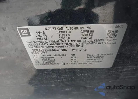 2010 Chevrolet Equinox Lt из США, поврежденный, VIN 2CNALPEWXA6370104